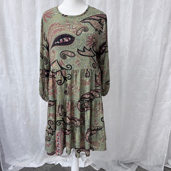 Paani Dresses & Skirts - Paani Sage Green Paisley Tiered Babydoll Dress Long Sleeve Boho Mini Small